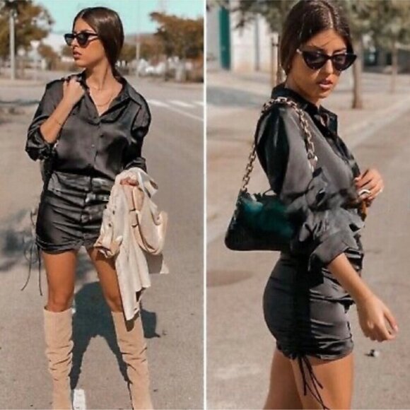 Zara Satin Collared Ruched Side Tie Mini Slip Dress Party Cocktail Black Small - Picture 10 of 10